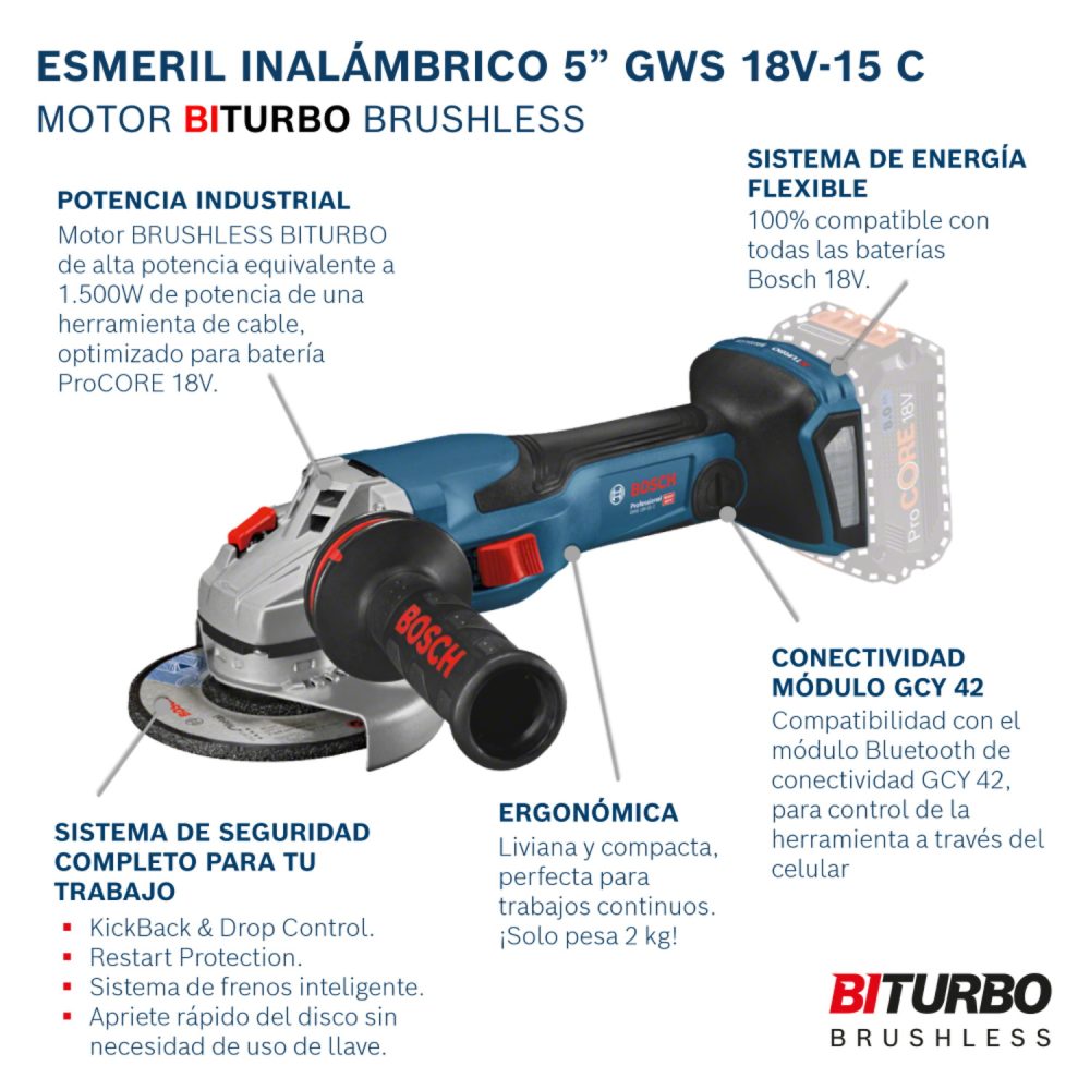 06019H60E0  Esmeril angular inalámbrico de 5" Bosch GWS 18V-15 C, sin batería - Image 10
